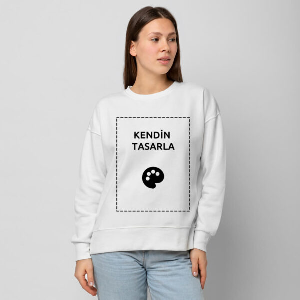 Unisex-Beyaz-Bisiklet-Yaka-Sweatshirt