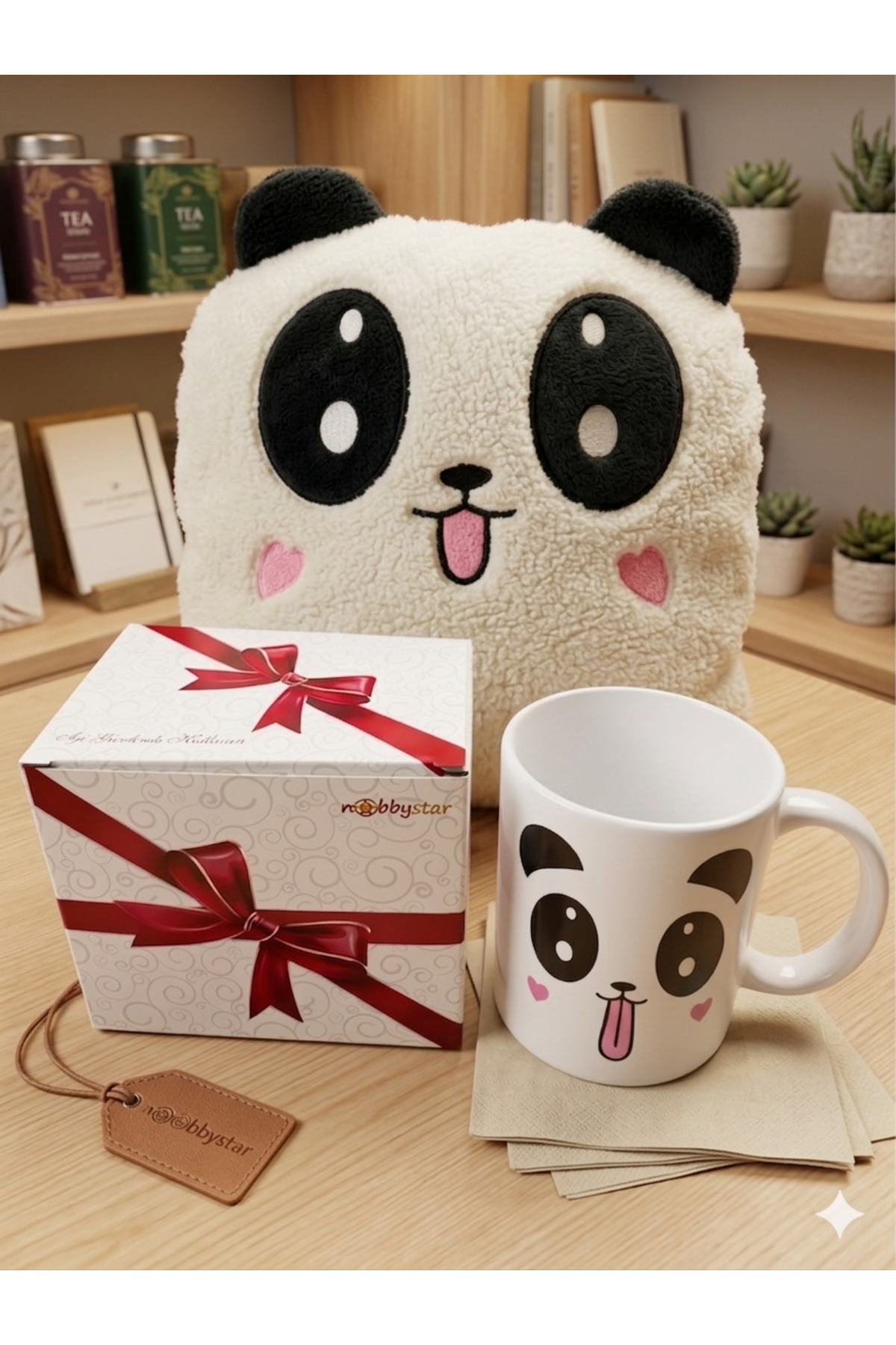 Panda Yastık Panda emojili Kupa Bardak 2li ürün Panda Yastık Panda Kupa Bardak Sevgiliye Hediye set resmi