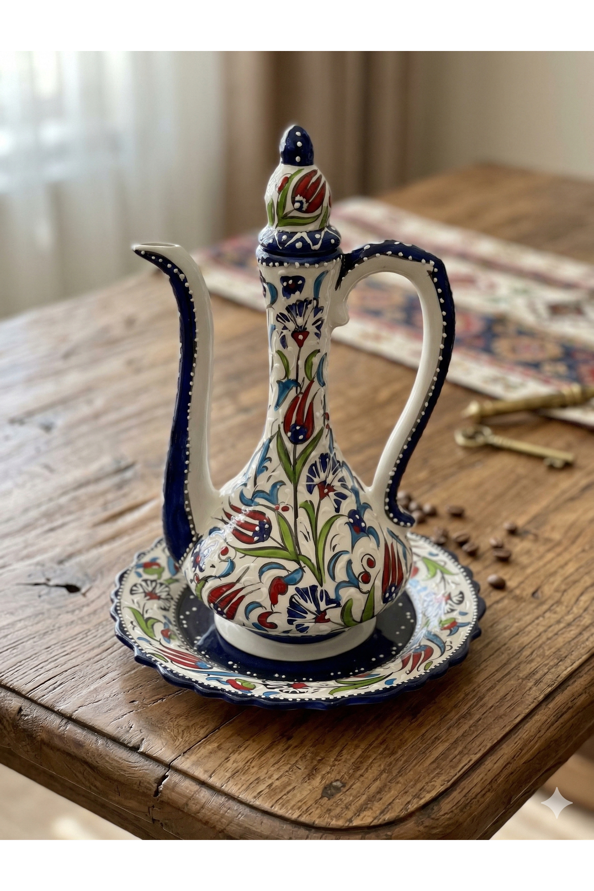 Çini İbrik Tabaklı Set 35 CM Orta Boy Çini Antik İbrik El İşlemesi Kabartmalı Vazo resmi