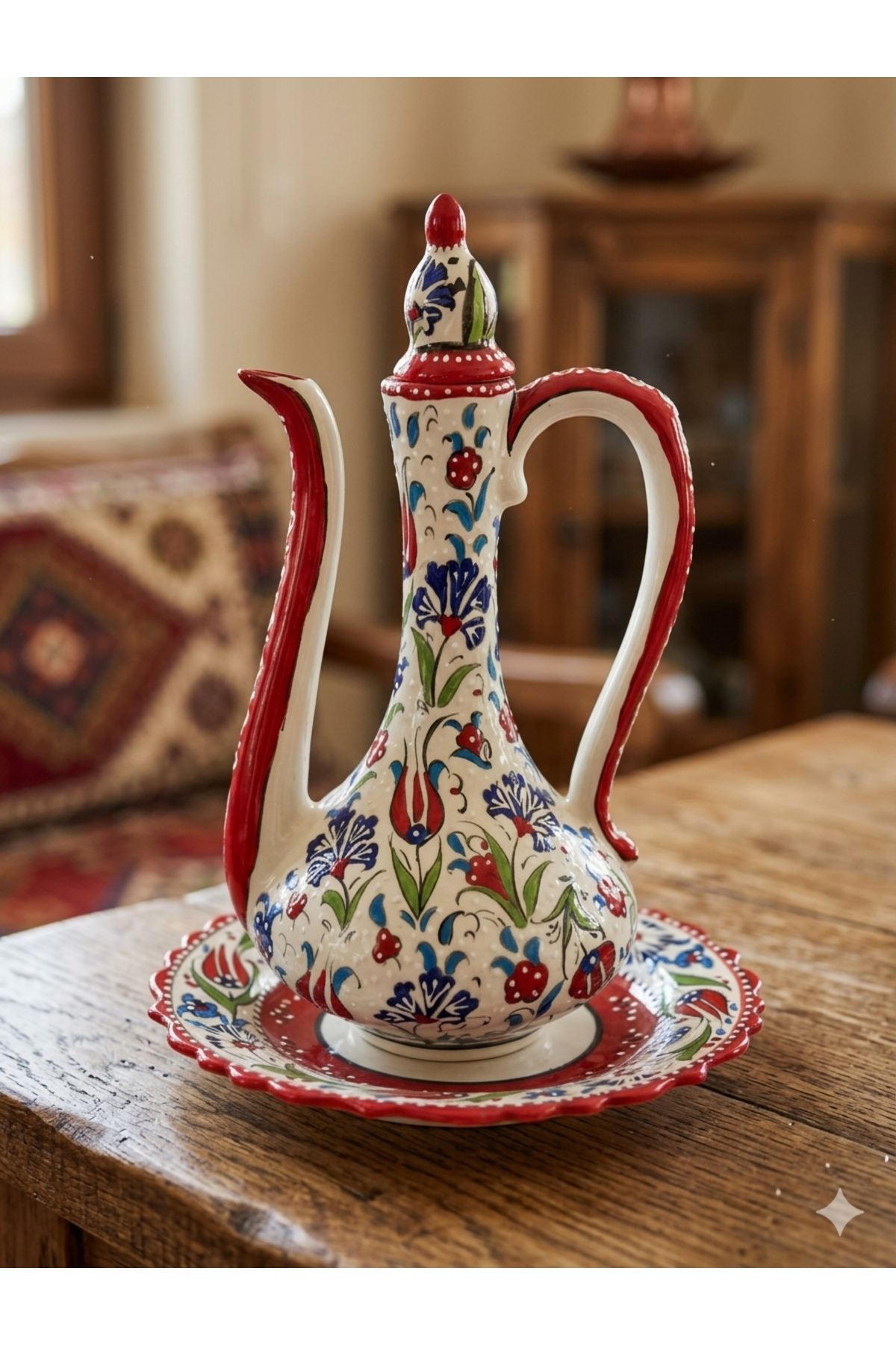 Çini İbrik Tabaklı Set 35 CM Orta Boy Çini Antik İbrik El İşlemesi Kabartmalı Vazo resmi