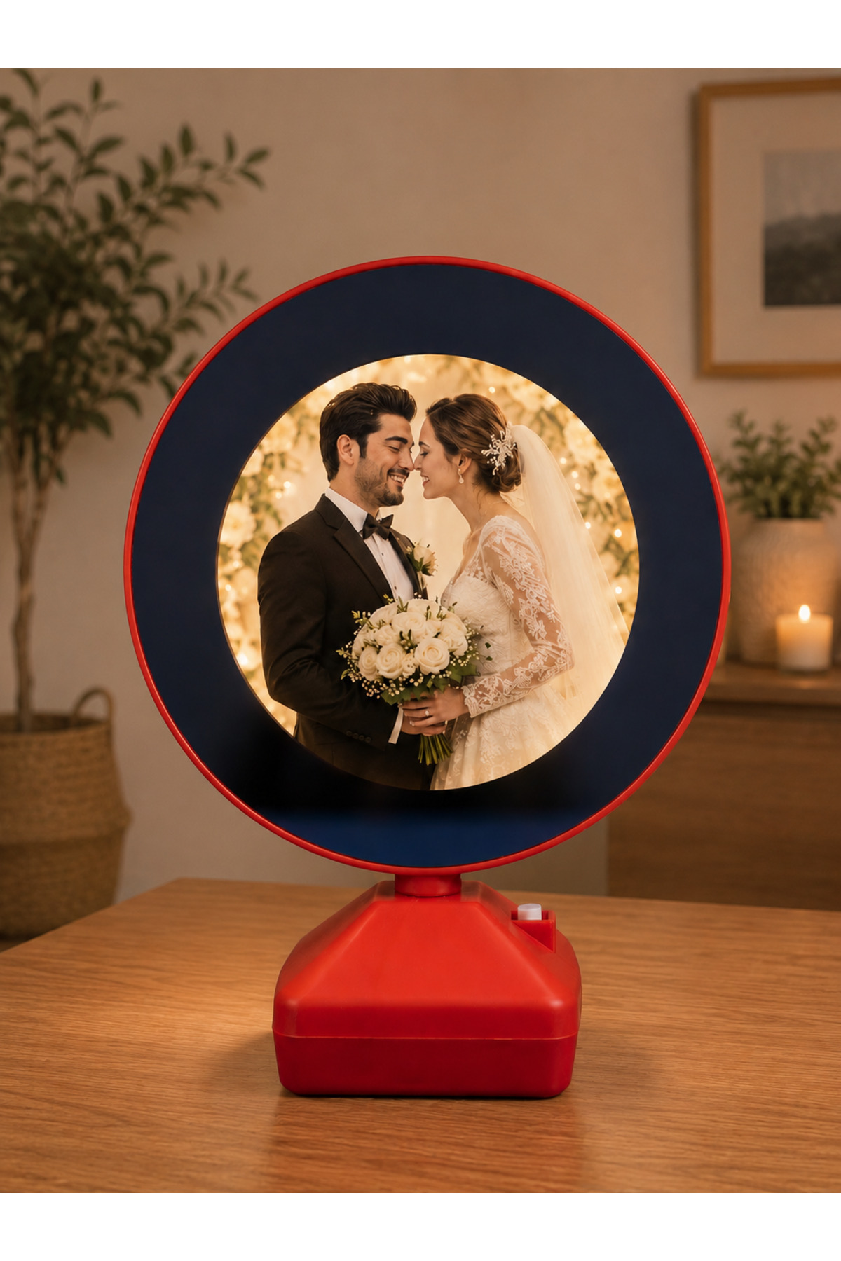 Yuvarlak Sihirli Ayna Led Işıklı Dekoratif Gece Lambası Kişiye Özel Fotoğraf Baskılı Büyük Boy Kırmızı 20x25cm resmi