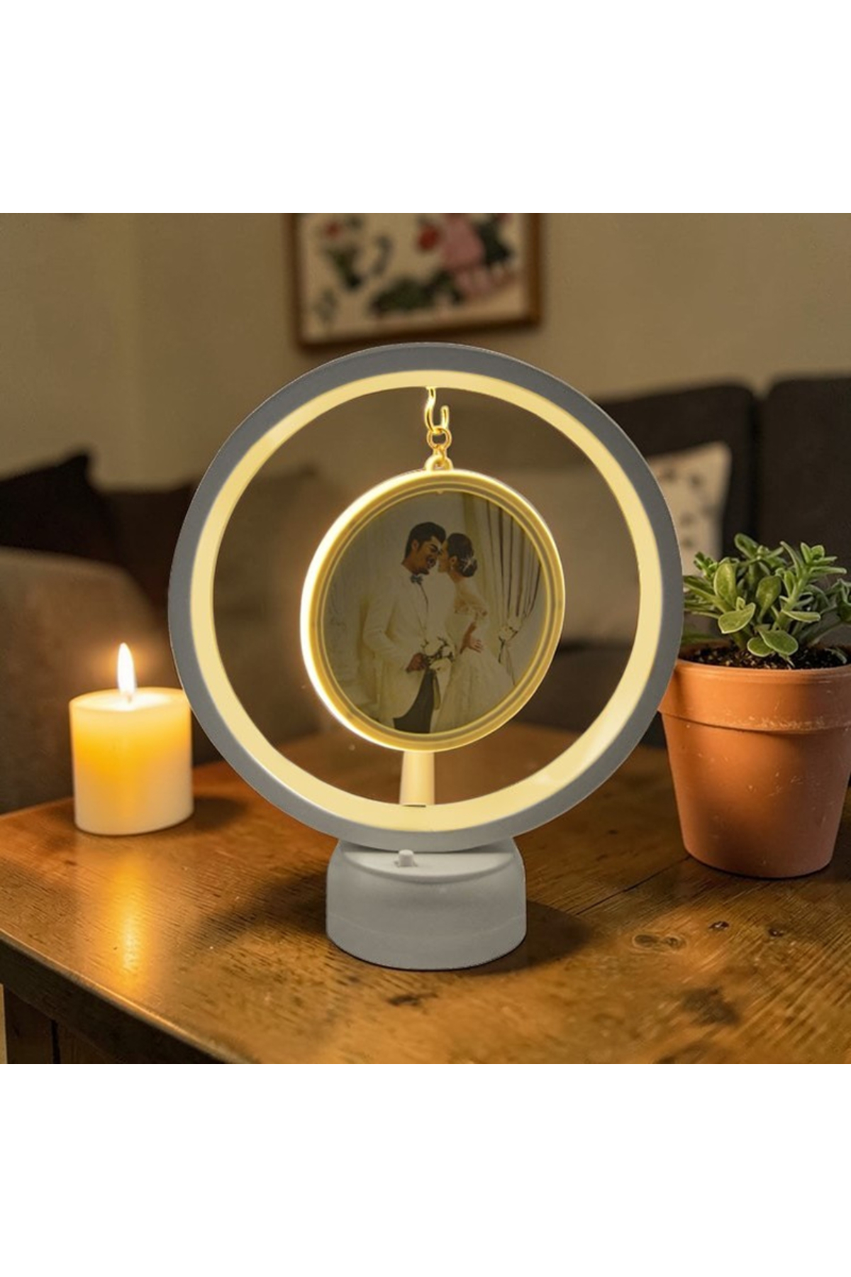 Led Işıklı Yuvarlak Fotoğraf Çerçevesi Kişiye Özel Fotoğraf Baskılı Resimli Gece Lambası resmi