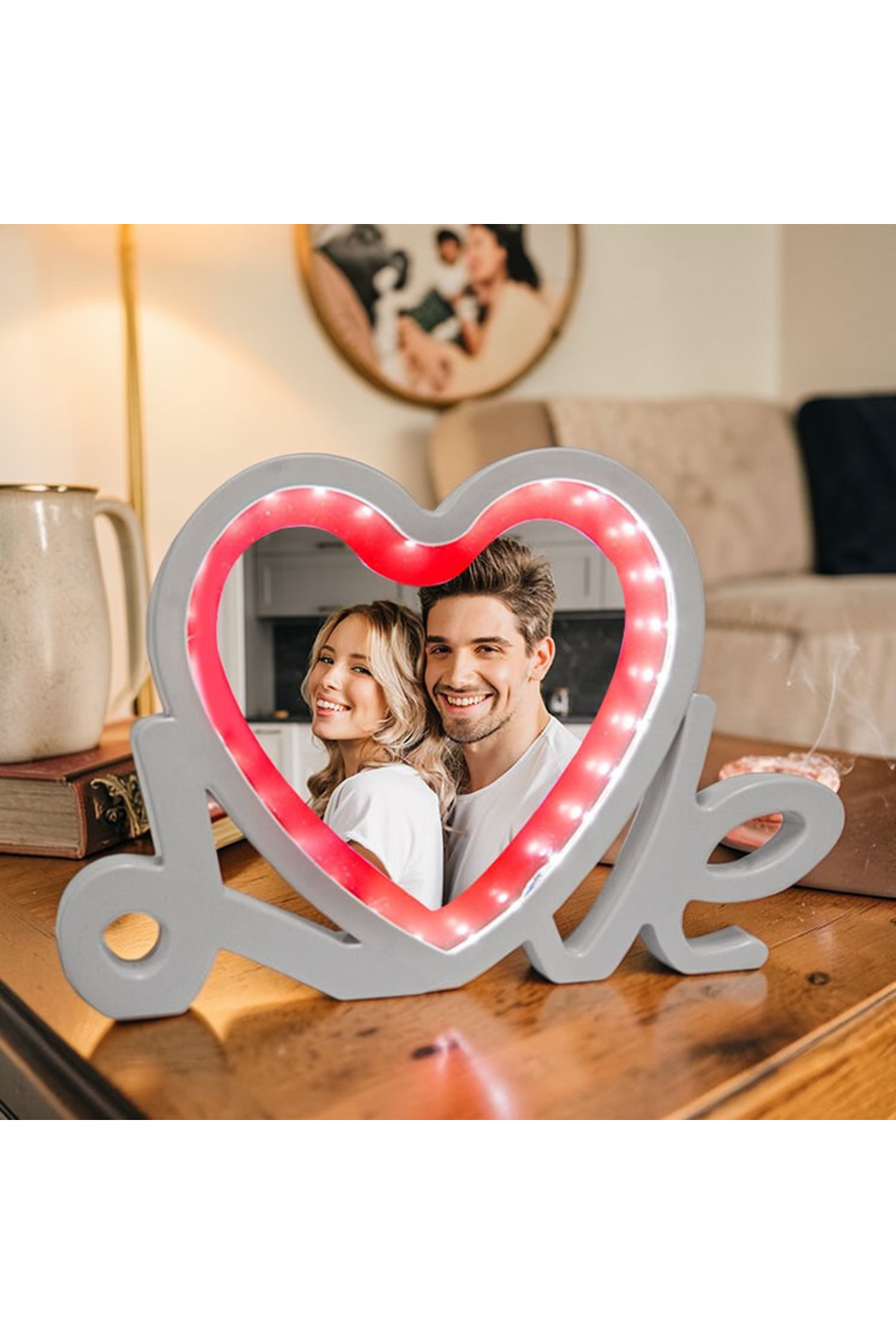 Love Yazılı Led Işıklı Kişiye Özel Fotoğraflı Sihirli Ayna Kırmızı-Beyaz Sevgiliye resmi