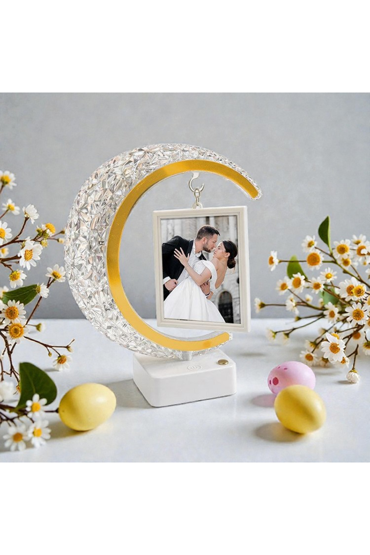Kristal Led'li Hilal Fotoğraf Çerçevesi Dokunmatik Işıklı 2 Fotoğraflı Kişiye Özel Hediye resmi