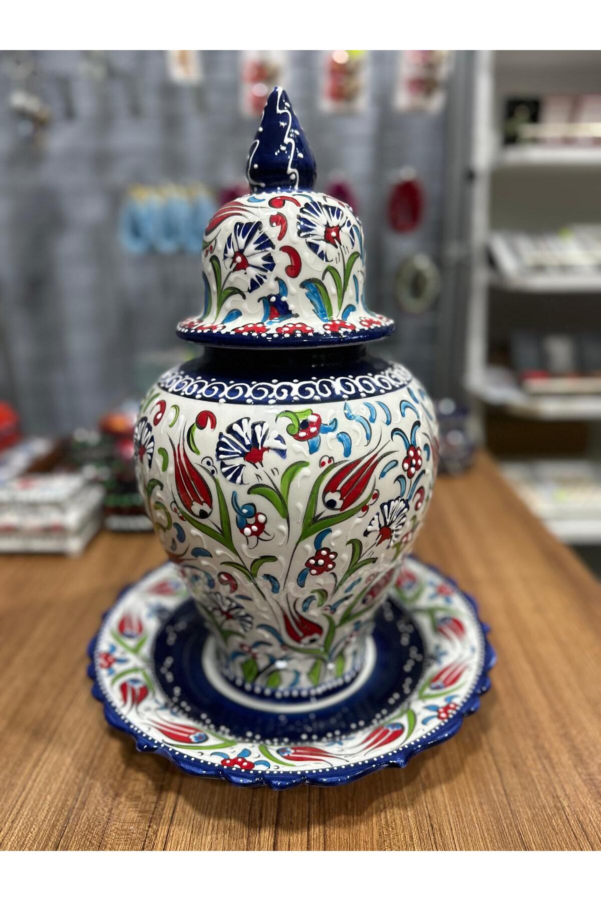 Tabaklı Büyük Boy Şah Küpü 40 CM Lale Desenli Kütahya Çini resmi
