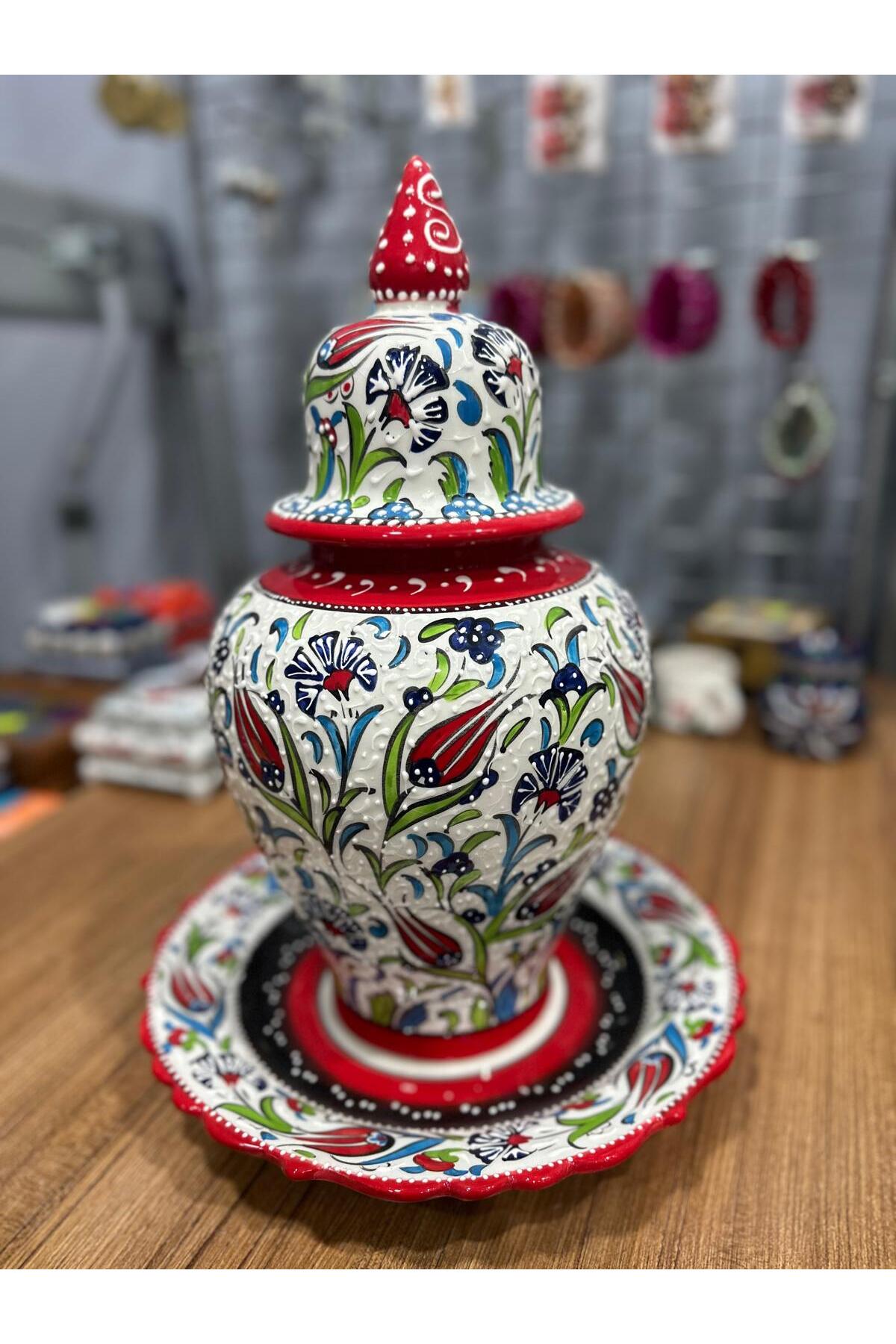 Tabaklı Büyük Boy Şah Küpü 40 CM Lale Desenli Kütahya Çini resmi
