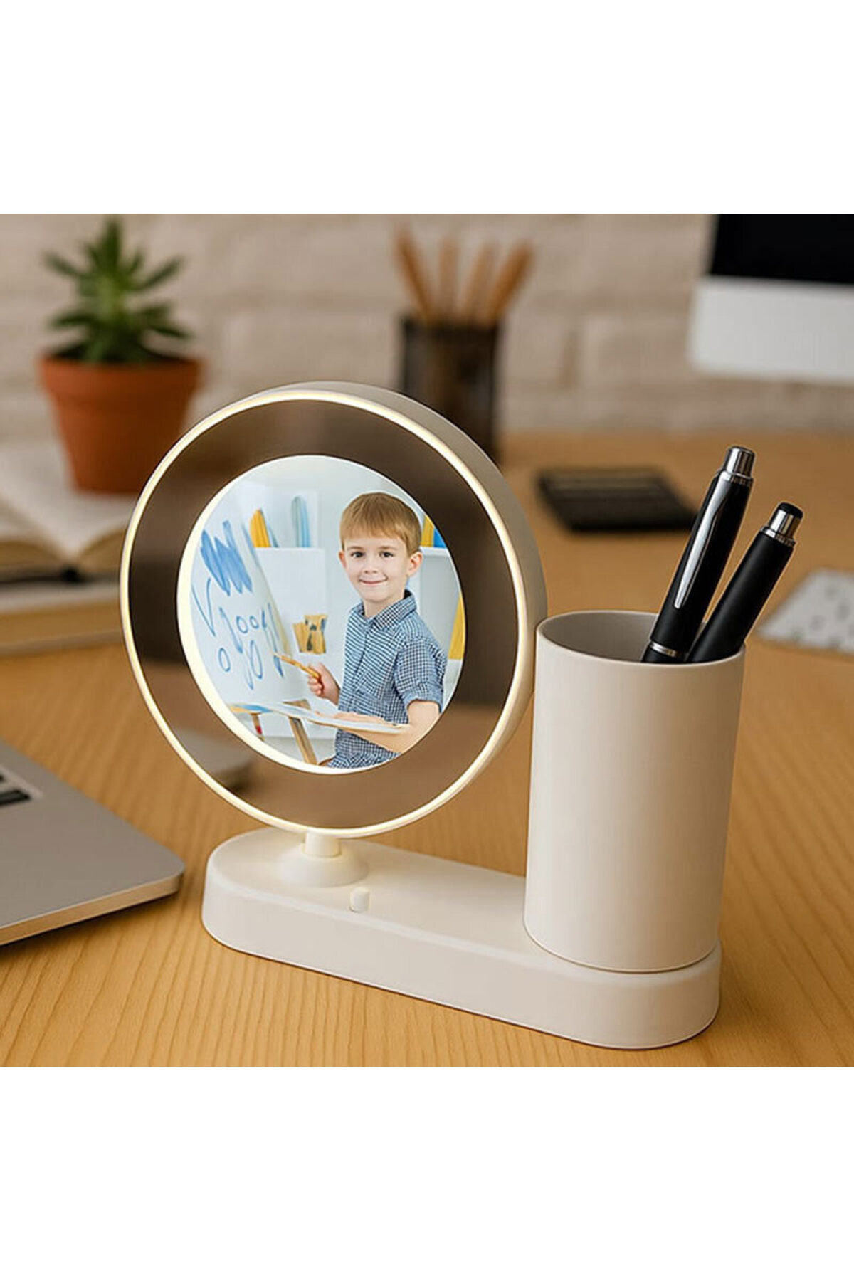 Kalemlikli Yuvarlak Sihirli Ayna Kişiye Özel Fotoğraf Baskılı Led Işıklı Ev ve Ofis İçin resmi