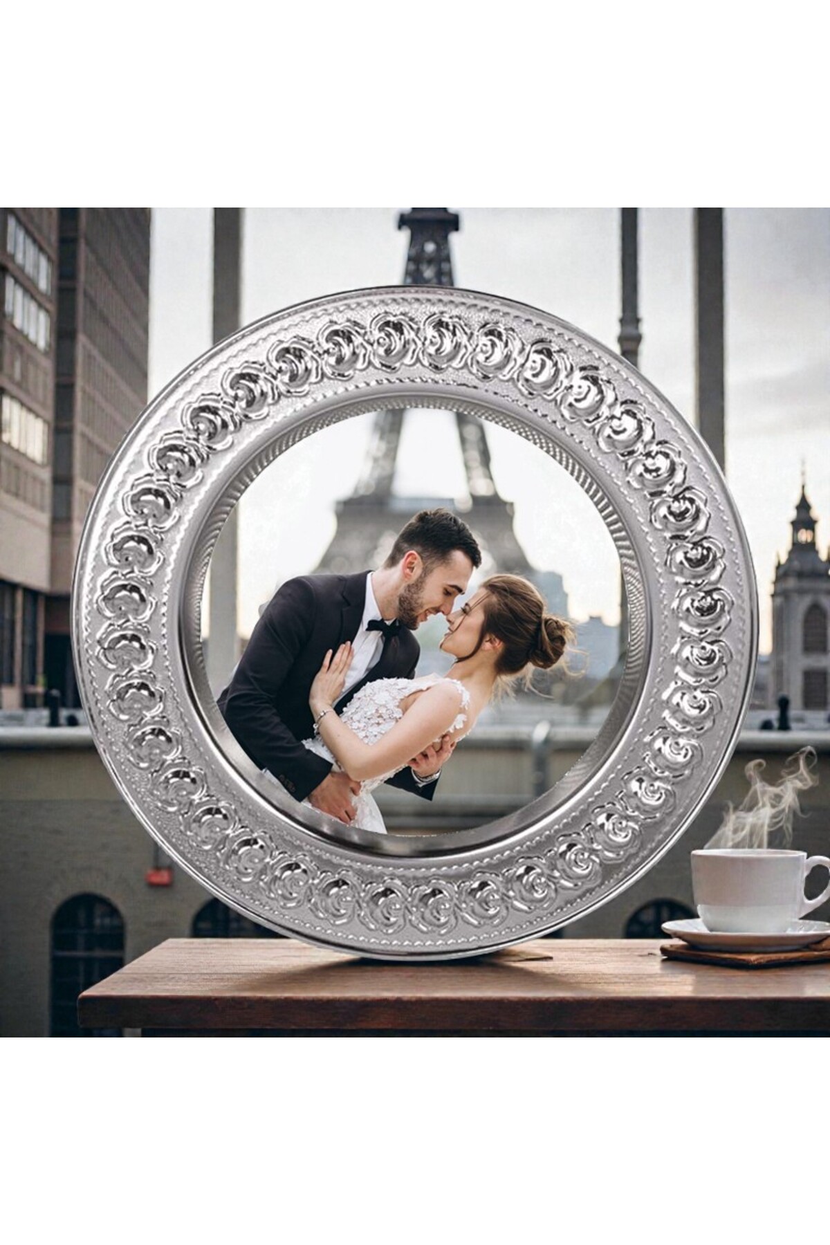 Kişiye Özel Fotoğraf Basklı Metal Tabak Plaket Gül Desenli Gold ve Gümüş Model 25 CM resmi