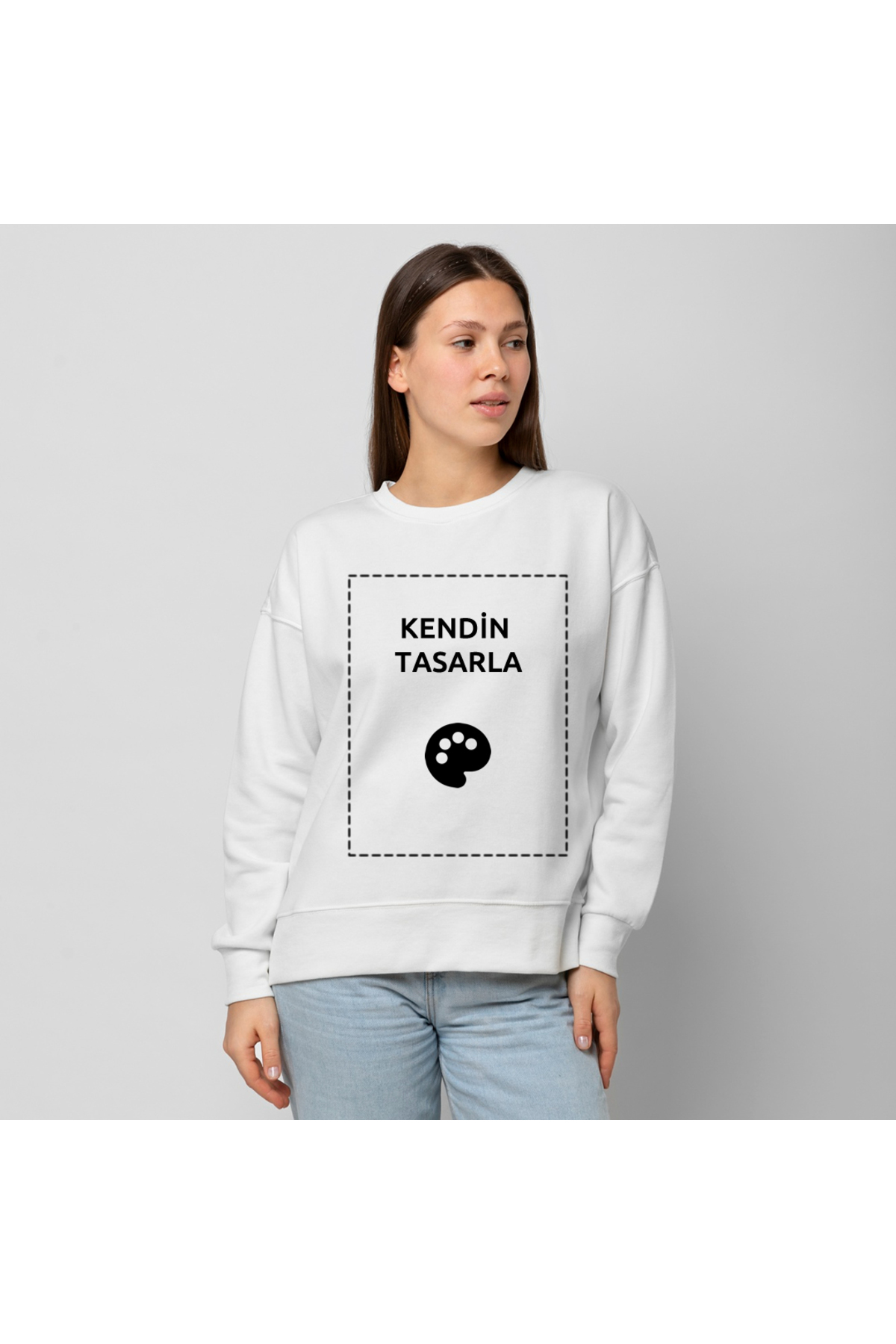 Unisex Beyaz Bisiklet Yaka Sweatshirt Kişiye Özel Baskı Resim Baskılı Kazak resmi