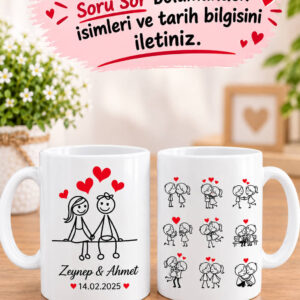 Çizgi Karakterli Sevgili Kupası Çiftler İçin Kişiye Özel İsim ve Tarih Baskılı Söz nişan Düğün Yıl Dönümü Kupa Bardak Hediyesi - Görsel 5