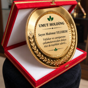 Kadife Kutulu Gold Metal Plaket Başak Zeytin Dalı Desenli Kamu Kurumlar İçin Tebrik Ödül Plaketi - Görsel 2