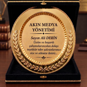 Kadife Kutulu Gold Metal Plaket Başak Zeytin Dalı Desenli Kamu Kurumlar İçin Tebrik Ödül Plaketi - Görsel 3