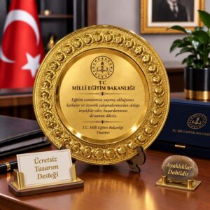 Plaket Metal Tabak Gül Desenli Tayin Anı Başarı Ödül Hediyesi Kişiye Özel Baskılı Büyük Boy 25 CM - Görsel 4
